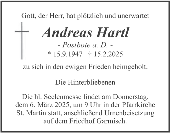 Todesanzeige von Andreas Hartl von merkurtz