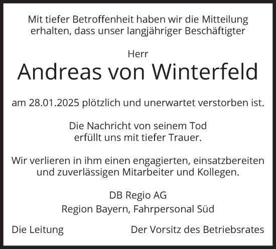 Todesanzeige von Andreas von Winterfeld von merkurtz