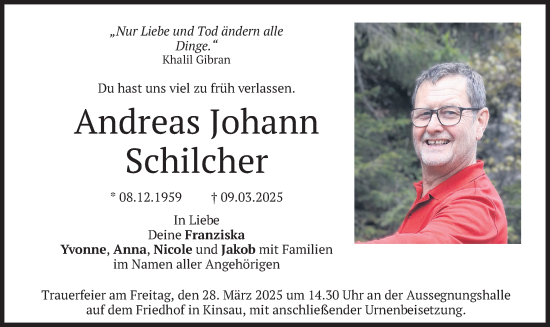 Todesanzeige von Andreas Johann Schilcher von merkurtz