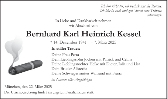 Todesanzeige von Bernhard Karl Heinrich Kessel von merkurtz