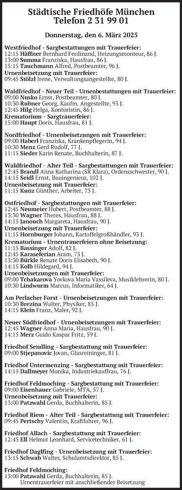 Todesanzeige von Bestattungen vom 06.03.2025 von merkurtz
