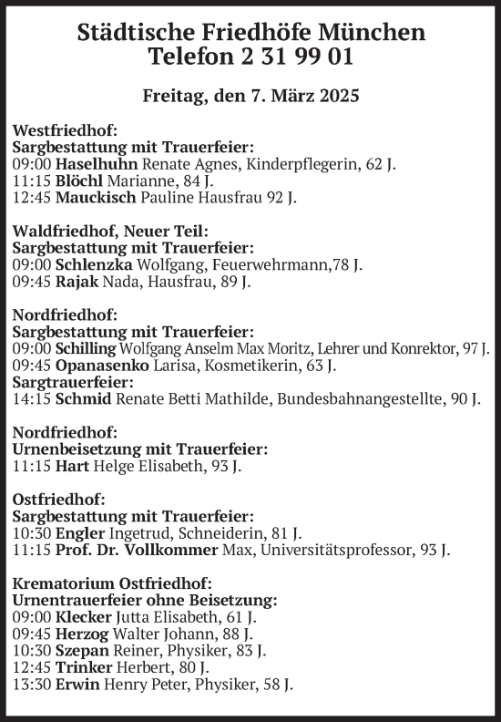 Todesanzeige von Bestattungen vom 07.03.2025 von merkurtz