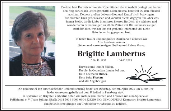 Todesanzeige von Brigitte Lambertus von Das Gelbe Blatt Penzberg