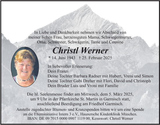 Todesanzeige von Christl Werner von merkurtz