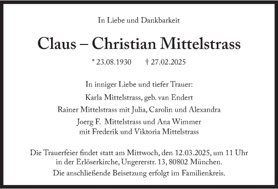 Todesanzeige von Claus-Christian Mittelstrass von merkurtz
