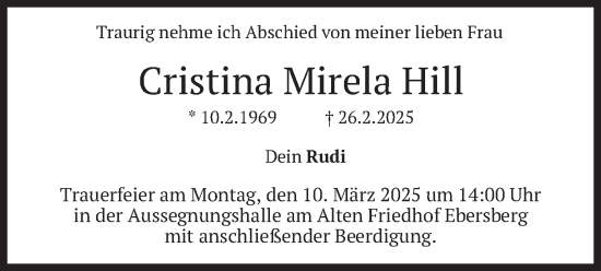 Todesanzeige von Cristina Mirela Hill von merkurtz