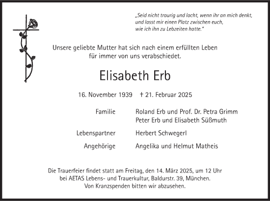 Todesanzeige von Elisabeth Erb von merkurtz