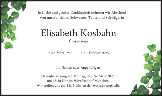 Todesanzeige von Elisabeth Kosbahn von merkurtz