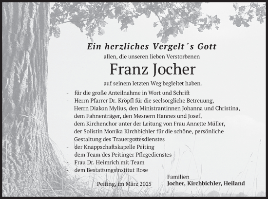 Todesanzeige von Franz Jocher von merkurtz