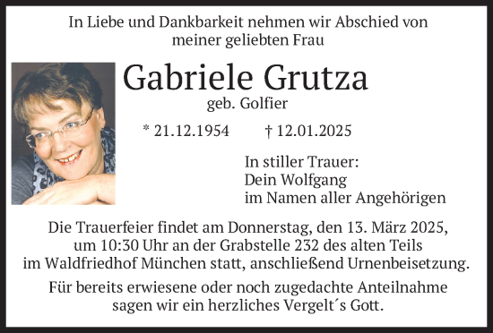 Todesanzeige von Gabriele Grutza von merkurtz