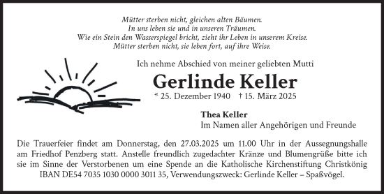 Todesanzeige von Gerlinde Keller von Das Gelbe Blatt Penzberg