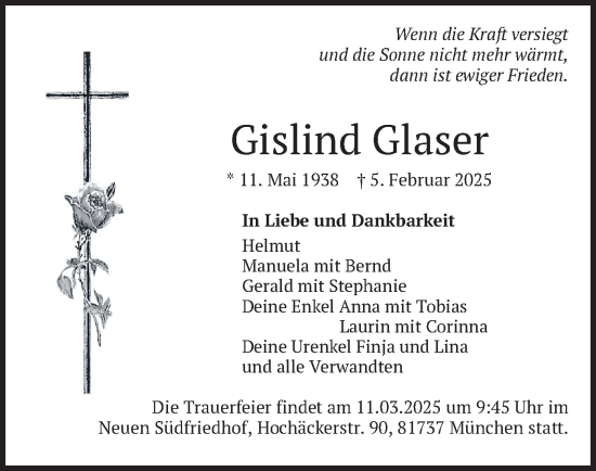 Todesanzeige von Gislind Glaser von merkurtz