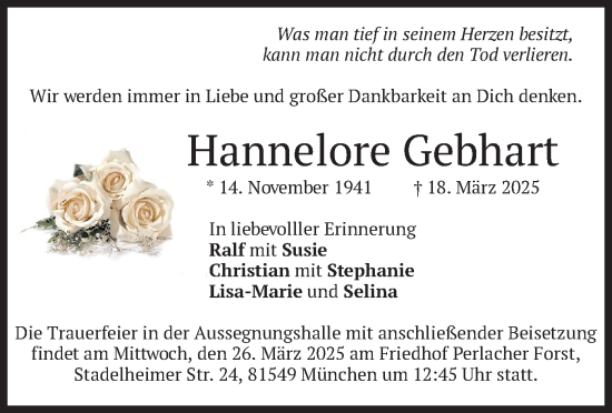 Todesanzeige von Hannelore Gebhart von merkurtz
