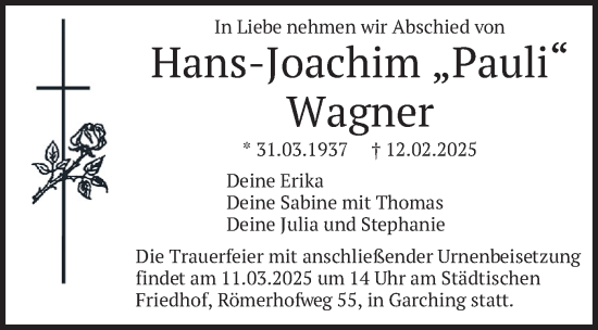 Todesanzeige von Hans-Joachim Wagner von merkurtz
