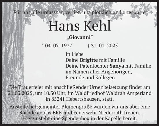 Todesanzeige von Hans Kehl von merkurtz