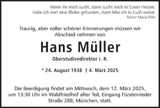 Todesanzeige von Hans Müller von merkurtz