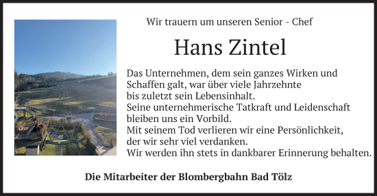 Todesanzeige von Hans Zintel von merkurtz
