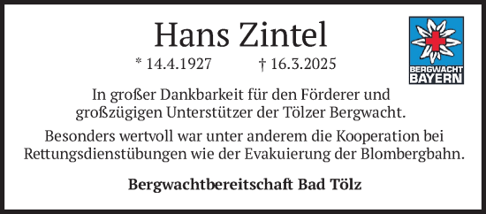 Todesanzeige von Hans Zintel von merkurtz