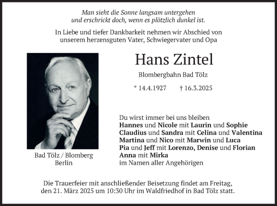 Todesanzeige von Hans Zintel von merkurtz