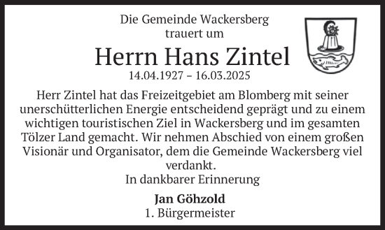 Todesanzeige von Hans Zintel von merkurtz