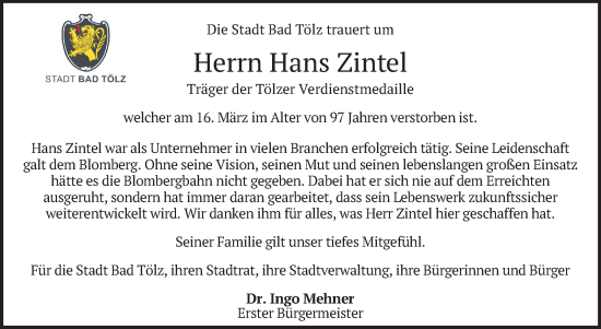 Todesanzeige von Hans Zintel von merkurtz