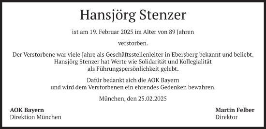 Todesanzeige von Hansjörg Stenzer von merkurtz