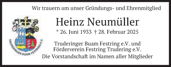 Todesanzeige von Heinz Neumüller von merkurtz