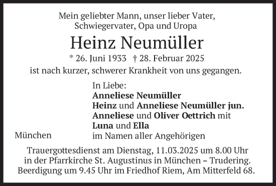 Todesanzeige von Heinz Neumüller von merkurtz