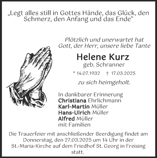Todesanzeige von Helene Kurz von merkurtz