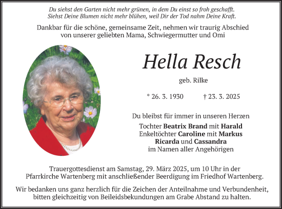 Todesanzeige von Hella Resch von merkurtz