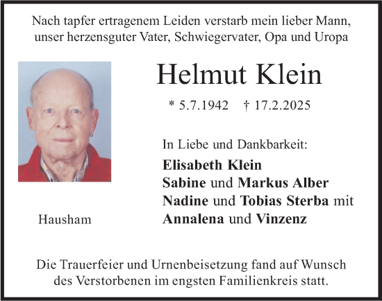 Todesanzeige von Helmut Klein von merkurtz