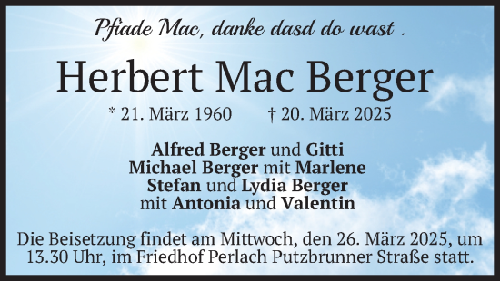 Todesanzeige von Herbert Mac Berger von merkurtz