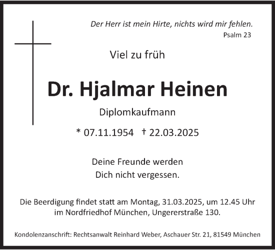 Todesanzeige von Hjalmar Heinen von merkurtz