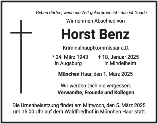 Todesanzeige von Horst Benz von merkurtz