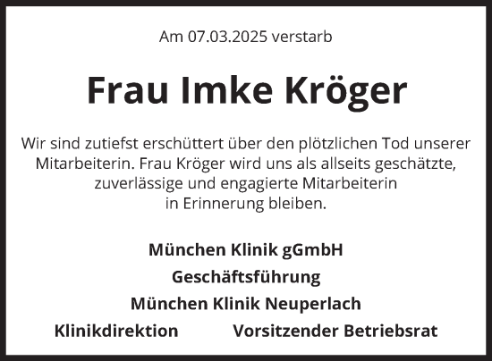 Todesanzeige von Imke Kröger von merkurtz