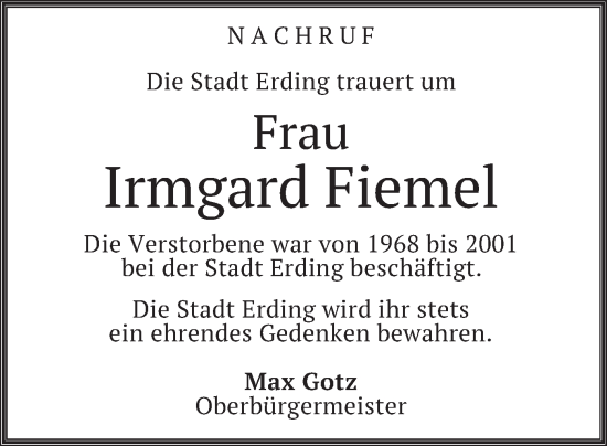 Todesanzeige von Irmgard Fiemel von merkurtz