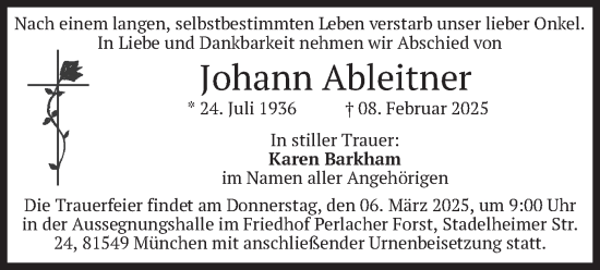 Todesanzeige von Johann Ableitner von merkurtz