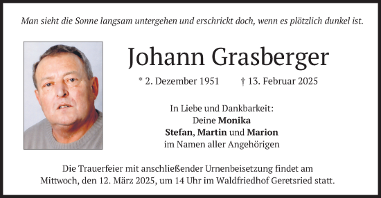 Todesanzeige von Johann Grasberger von merkurtz