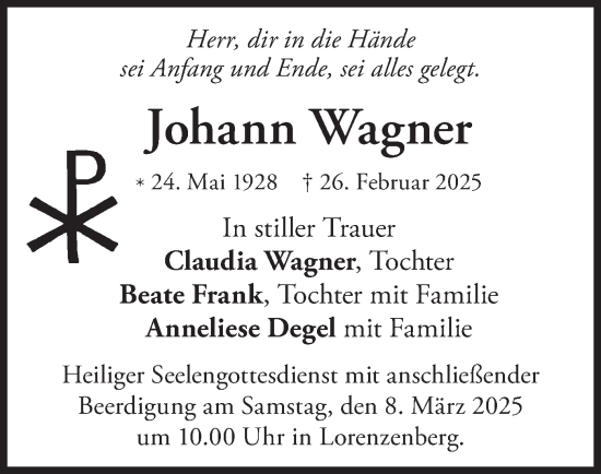 Todesanzeige von Johann Wagner Wagner von merkurtz