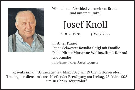 Todesanzeige von Josef Knoll von merkurtz