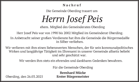 Todesanzeige von Josef Peis von merkurtz