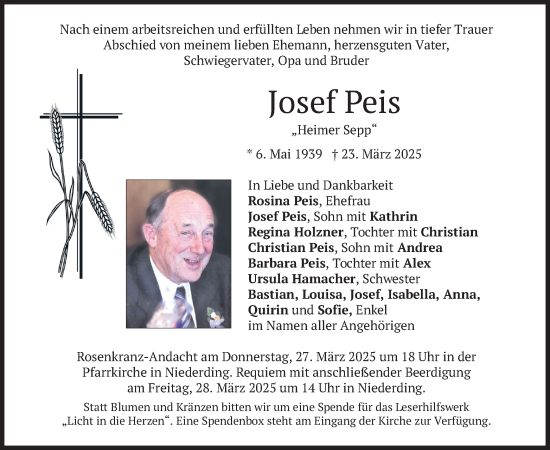 Todesanzeige von Josef Peis von merkurtz