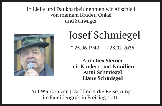 Todesanzeige von Josef Schmiegel von merkurtz