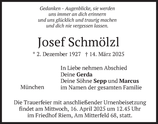 Todesanzeige von Josef Schmölzl von merkurtz