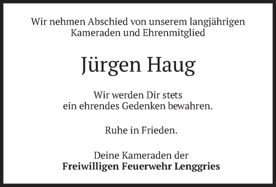 Todesanzeige von Jürgen Haug von merkurtz