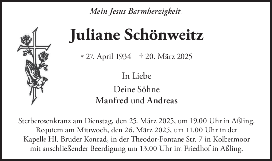 Todesanzeige von Juliane Schönweitz von merkurtz