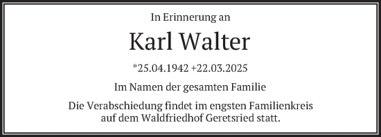 Todesanzeige von Karl Walter von merkurtz