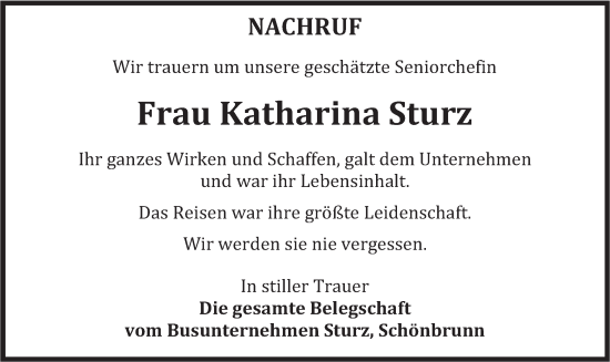 Todesanzeige von Katharina Sturz von merkurtz