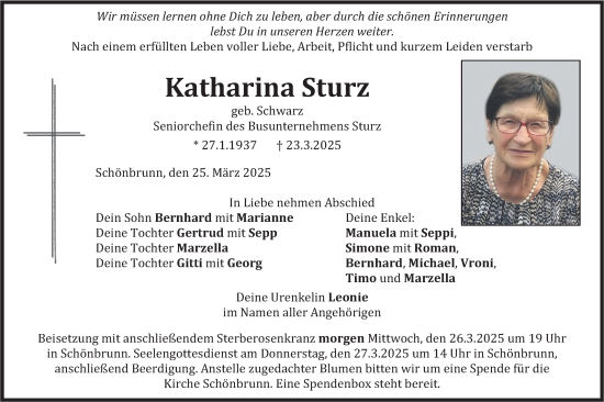 Todesanzeige von Katharina Sturz von merkurtz