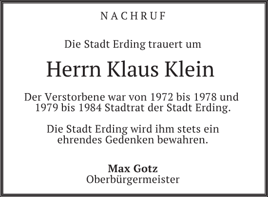 Todesanzeige von Klaus Klein von merkurtz